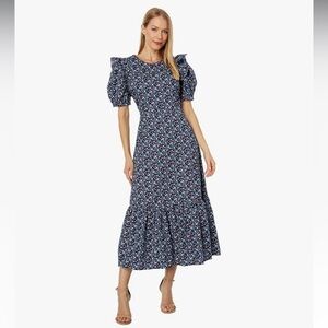 English Factory Women Navy Floral Cotton Open Back Midi Dress - Medium